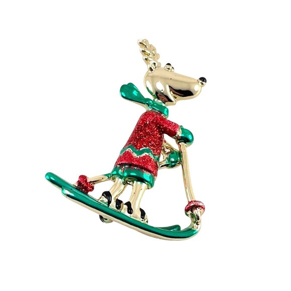 Vintage AJC Enamel Christmas Reindeer Ski Brooch Pin 2'' - Picture 4 of 8